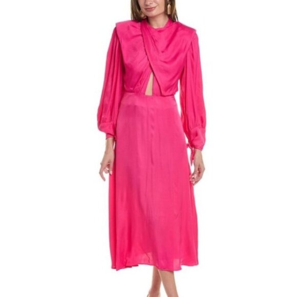 NWOT Farm Rio Satin Maxi Dress | Draped Bodice, Cutout, Padded Shoulders size L - Picture 5 of 11